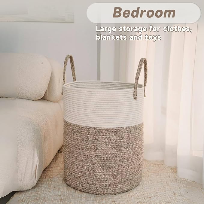 Large Woven Laundry Basket Hamper,80L Cotton Rope Storage Bin for Blankets,Toys and Clothes,Decorative Tall Nursery Hamper for Living Room,Baby Nursery,Bathroom and Bedroom,Brown