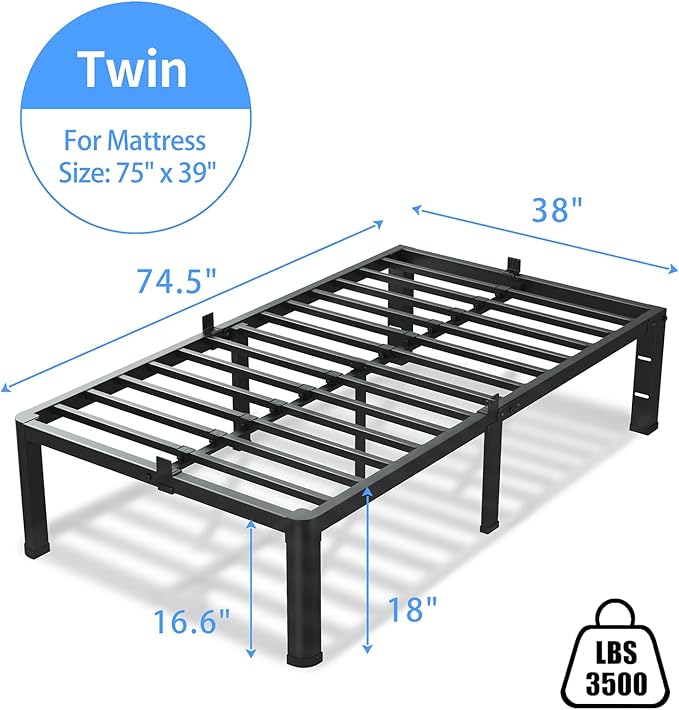 18 Inch Twin Size Bed Frame, 3500Lbs Heavy Duty Metal Platform with Round Corner Legs Mattress Slide Stopper, Steel Slat Support No Box Spring Needed, Noise Free, Non-Slip, Easy Assembly