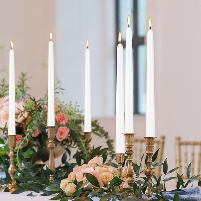 36 Pack White Taper Candles, 7-8 Hours Burn Time, Unscented, Smokeless and Dripless, 0.8 x 10 Inch Dinner Candle Set for Household, Wedding, Party and Home Décor Candlesticks