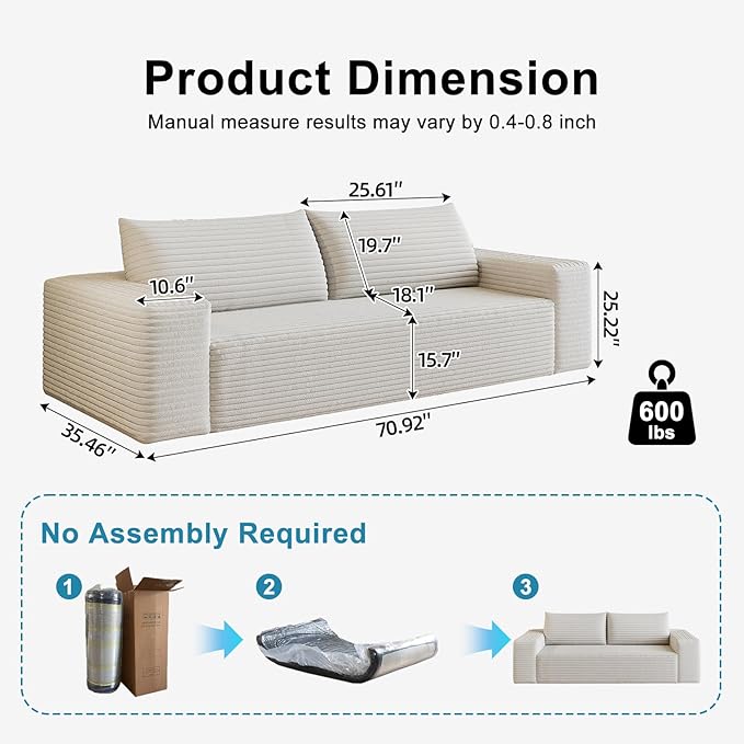 Saiveina 71" Corduroy Loveseat Sofa, Deep Seat Comfy Couch with Backrest and Armrests, No Assembly Required Sofa Couch for Living Room Bedroom Apartment, White