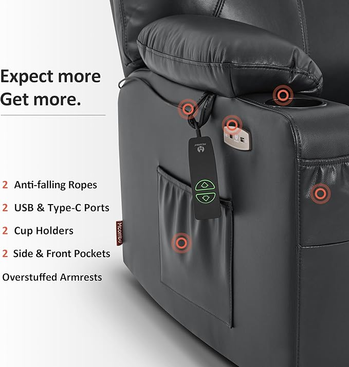 MCombo Extra Wide Power Lift Recliner Chair for Elderly, Lift Chair with Heat and Massage for Big People, USB&Type C Ports, Cup Holders, Faux Leather R7045 (Black, Medium-Wide)