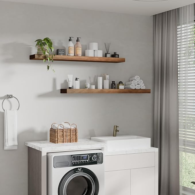 foxsky 36 Inch Solid Pine Wood Floating Shelves for Wall with Hidden Brackets, Rustic Farmhouse Wall Mounted Shelf for Bathroom, Living Room, Bedroom, Kitchen, Office Decor (Walnut)