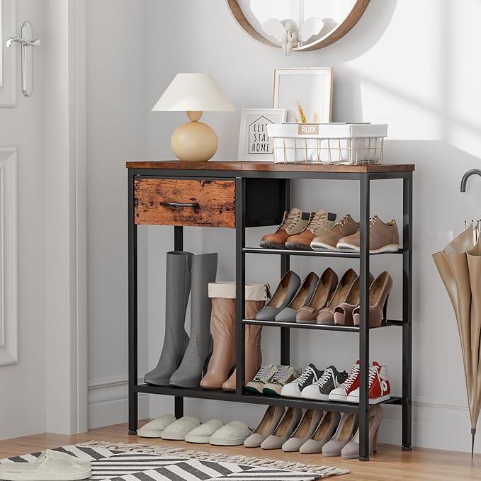 Furnulem Entryway Table Industrial 31.5" Sofa Console Table with Metal Mesh Shelf,Storage Fabric Drawer 4-Tier Shoe Rack Side Furniture for Front Door,Foyer Wooden Top, Sturdy Steel Frame,Rustic Brown