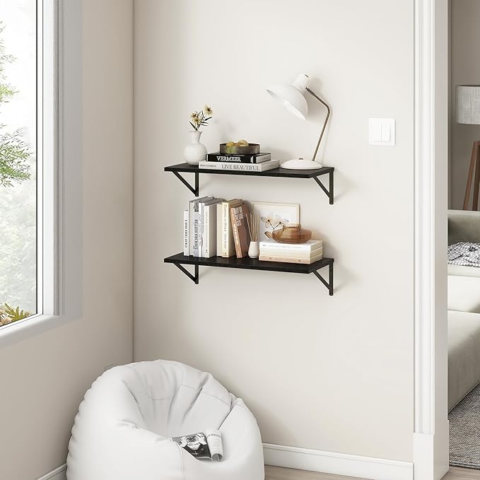 Fun Memories 27.5" W x12 D Floating Shelves, Black Wall Shelf with Brackets, 12 Inch Deep Floating Shelf Set of 2, Large Storage Kitchen Living Room Bathroom Shelves, Wood Wall Mounted Shelf