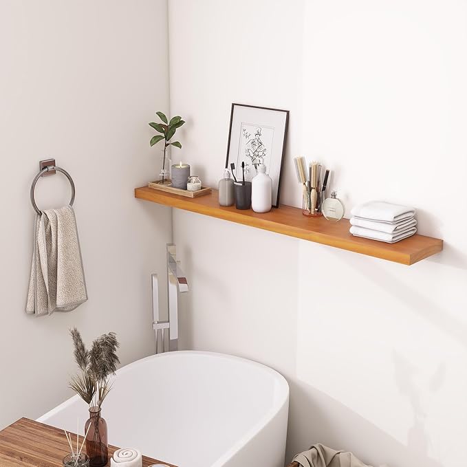 Vivelove Solid Wood Floating Shelves 48 Inches Long, 8”Deep x 1.4” Thick Wall Shelves for Bathroom, Living Room, Kitchen, Bedroom, Office, Rustic Farmhouse Home Decor, Set of 1 - Honey Oak