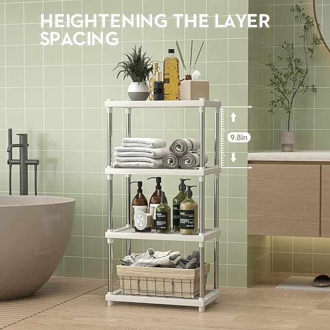 4 Tier White Plastic and Metal Freestanding Shelf Bathroom Organizer, Shelving Unit Storage Rack Organizer for Home, Garage, Basement, Shed and Laundry Room
