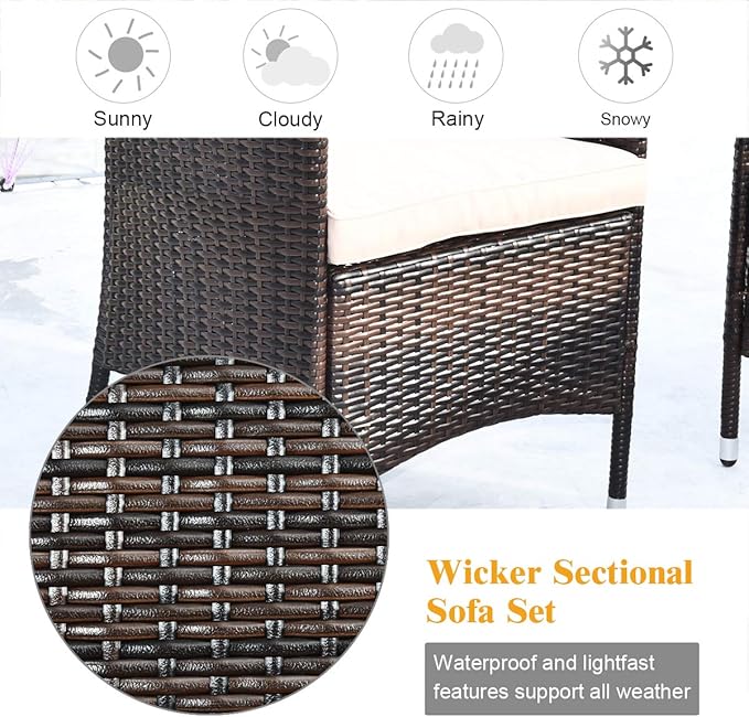 Tangkula 8 PCS Patio Rattan Conversation Set, Outdoor Wicker Furniture Set with Tempered Glass Coffee Table &Thick Cushion, Rattan Chair Wicker Set for Garden, Lawn, Poolside and Backyard (2, Brown)