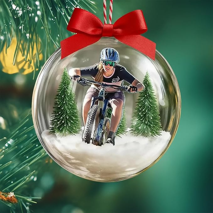 UrbanNEST Personalized Mountain Biking Snow Globe Ornament, Bicycle Ornaments for Christmas Tree, Mountain Bike Ornament, Bicycle Ornaments, Biker Girl Gifts, Gifts for Cyclist, Xmas Decorations