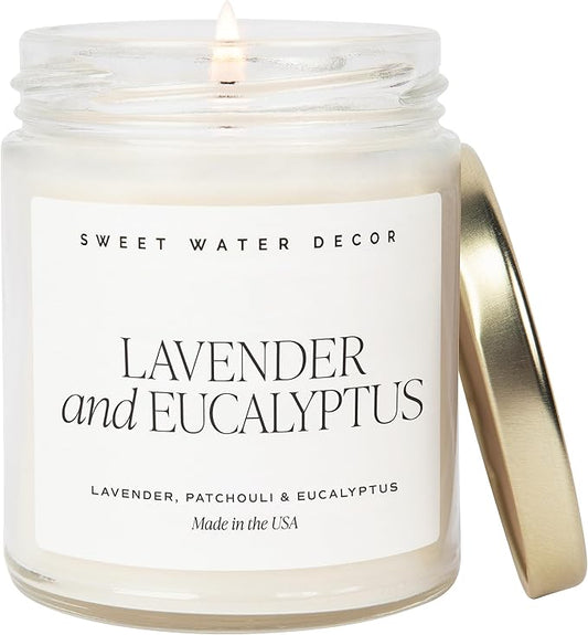 Sweet Water Decor Lavender and Eucalyptus Candle - Soy Patchouli, Eucalyptus and Lavender Candles for Home - Scented Spring Candles - 9oz Clear Jar, 40 Hour Burn Time, Made in The USA