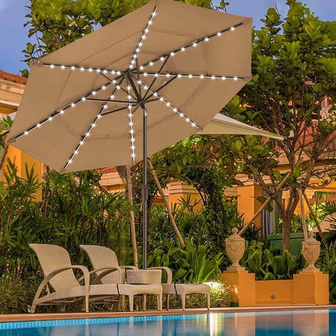 EliteShade USA 10-Year-Non-Fading Solar 9ft 3 Tiers Market Umbrella with 80 LED Lights Patio Umbrellas Outdoor Table with Ventilation,Heather Beige