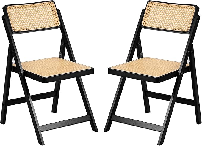 Tiita Rattan Dining Chairs Set of 2, Mid Century Modern Folding Chair, Bamboo Folding Dining Chairs for Small Space, Dining Room, Living Room, Bedroom, Black