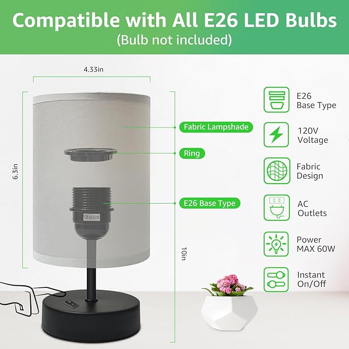 Small Lamp for Bedroom, Bedside Lamps for Night Stands, Mini Minimalist Table Lamp with Round Gray Fabric Shade, 9 Inch Desk Reading Lamp for Dorm Room Living Room Office Room, 2 Pack