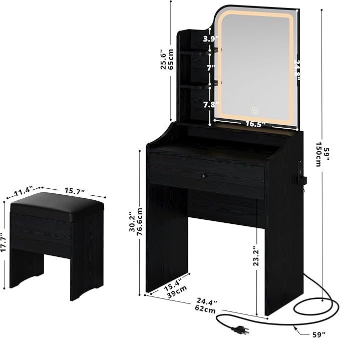 LIKIMIO Small Makeup Vanity Desk with Mirror and Lights, Vanity Table Set with Storage Drawer, Chair and Three Shelves, Bedroom, Black