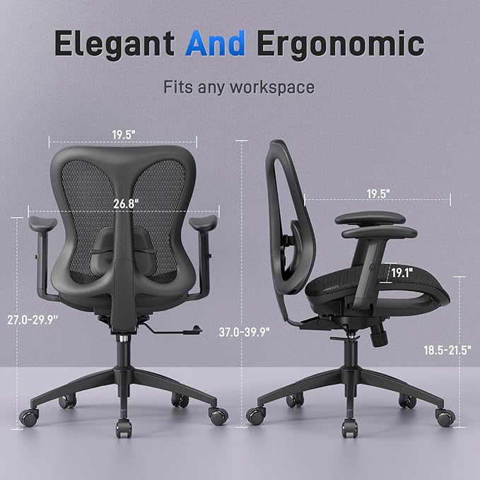 Ergonomic Office Desk Chair, Comfortable Computer Gaming Chair, Breathable Mesh Back & Seat, Adjustable Armrest, Lumbar Support, Butterfly Design for Home Office (Black)