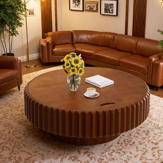 Round Drum Coffee Table with Storage Modern Coffee Table with Solid Wood Veneered Circle Center Table Accent Tea Table for Living Room Apartment Small Space (39.4in)