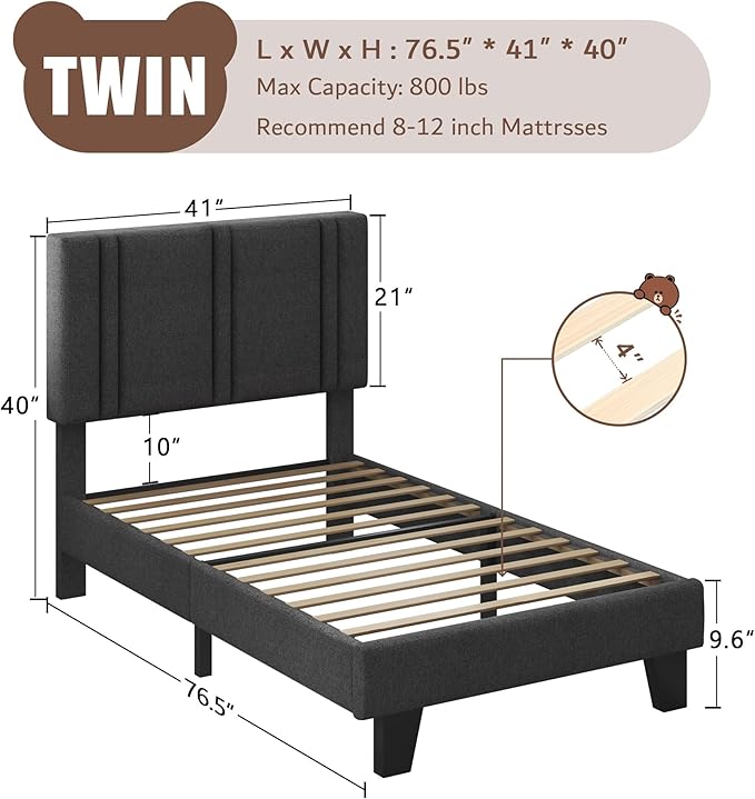 iPormis Twin Platform Bed Frame with Fabric Upholstered Headboard & Thickened Legs, Mattress Foundation with Solid Wooden Slats Support, No Box Spring Needed, Noise Free, Dark Grey