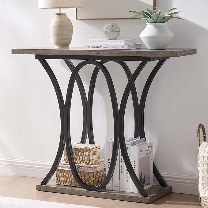 BedsPick Entryway Console Table, 40 Inch Narrow Wood Hallway Table Foyer Table Behind Couch, Sofa Table with Metal Legs and 1.18 Thick Board (Grey)
