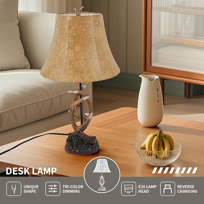Rustic Western Antler Lamp Set of 2-22.9" Farmhouse Table Lamp with 2 USB Ports, Rustic Nightstand Lamp for Home Room Decor Living Room Bedroom
