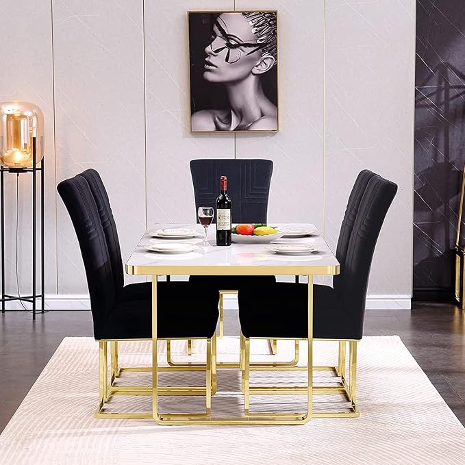 AUZ Dining Chairs Set of 4, Modern Luxury Black Velvet Upholstered Dining Chairs with High Back Design, Polished Gold Stainless Steel Sled Legs