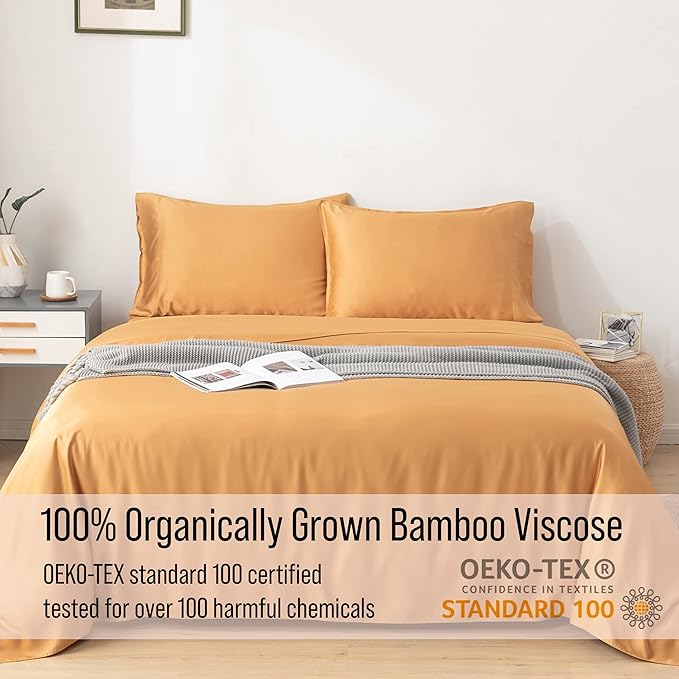 Bella Coterie Luxury Bamboo Viscose Split King Size Sheet Set | 2 Fitted Sheets for Sleep Number & Adjustable Beds | 100% Organically Grown | Cooling & Ultra Soft | 18” Deep Pocket [Marigold]
