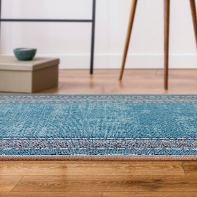 Antep Rugs Alfombras Bordered Modern 2x7 Non-Slip (Non-Skid) Low Pile Rubber Backing Indoor Area Runner Rug (Turquoise Blue, 2' x 7')