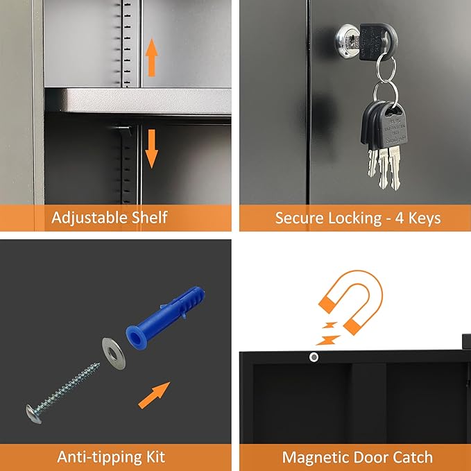 Metal Storage Cabinet with Locking Doors and 2 Adjustable Shelves, Small Lockable Steel Storage Cabinets for Home Office Garage Kitchen Pantry (Black)