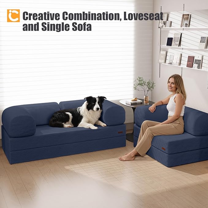 COMAX Folding Sofa Bed, Fold Out Chair Bed, Foldable Sofa, Convertible Sleeper for Adults, Futon Chair Single Small Floor Couch for Spaces, Bedroom Living Room Guest Room, Navy Blue