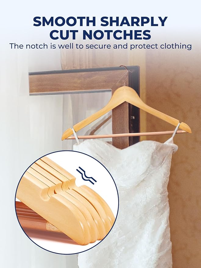 Smartor Wooden Hangers 10 Pack, Solid Wood Coat Hanger for Closet, Heavy Duty Wood Hangers for Suits, Shirts, Dresses, with 360° Rose Gold Hook, Non Slip Pant Bar, Natural
