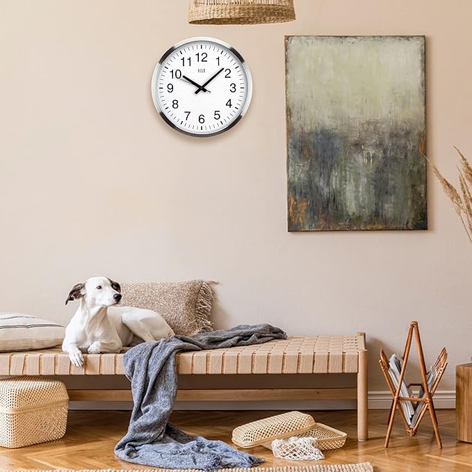 HITO 16" Silent Wall Clock Battery Operated Non Ticking Sweep Movement Glass Cover Silver Aluminum Frame, for Kitchen, Bedroom, Home Office, Living Room Decor