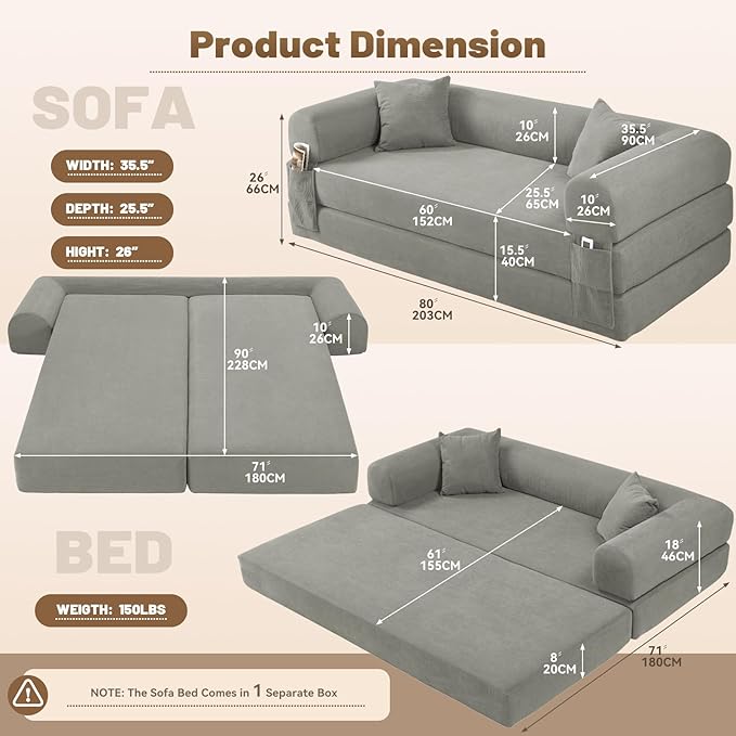 Convertible Futon Sofa Bed,80" Folding Pull Out Couch Bed with Pillows & Storage Pocket, Oversized Queen Sleeper Sofa in a Box,Corduroy Boneless Couch for Living Room,Light Grey