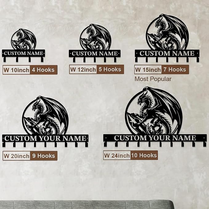 Customized Name Key Hook - Evil Dragon Design Keys Holder Decor Black Iron Metal Wall Organizer for Home & Office (Multiple Sizes) (Style B)