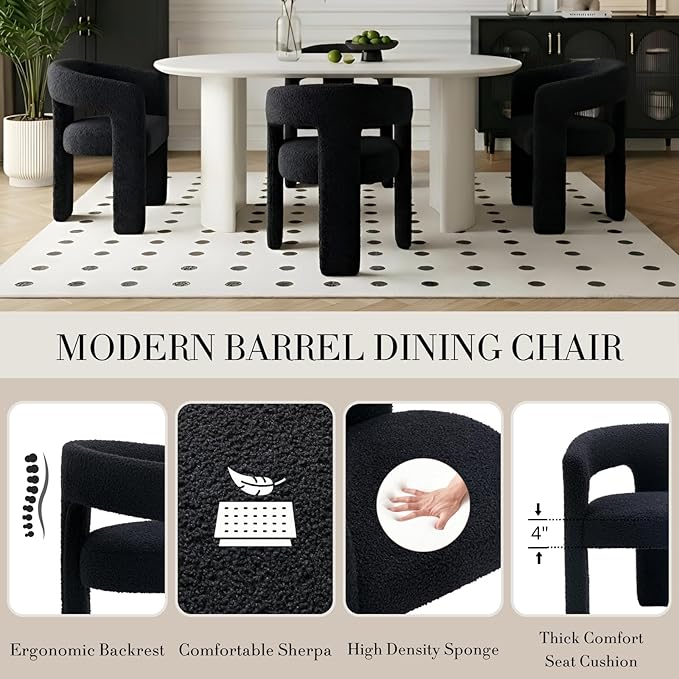 Modern Sherpa Dining Chairs Set of 5, Upholstered Barrel Chairs with Arms Comfy Accent Side Chairs for Living Room/Dining Room/Reception, Black