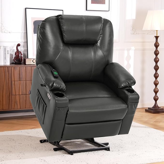 MCombo Extra Wide Power Lift Recliner Chair for Elderly, Lift Chair with Heat and Massage for Big People, USB&Type C Ports, Cup Holders, Faux Leather R7045 (Grey, Medium-Wide)