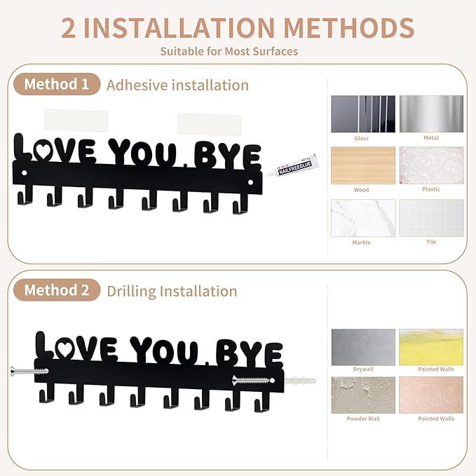 Key Holder for Wall, Key Hooks with 8 Hooks, Key Holder Wall Mount Self Adhesive, Key Rack for Wall No Drill for Entryway, Front Door, Hallway, Living Room (Black-Love You Bye)