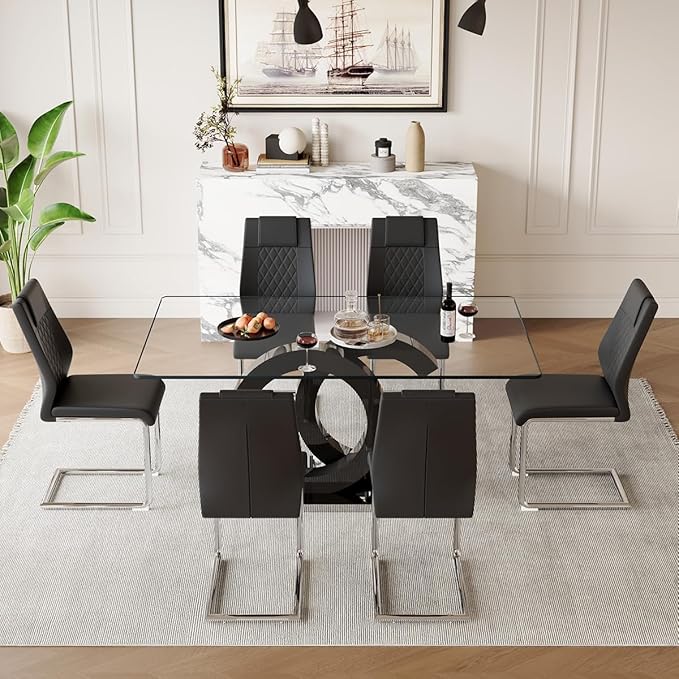 63'' Glass Dining Table Set for 6, Kitchen Table Chairs Set of 6, Clear Glass Dining Table with Black unique design Leg and Silver Metal Base, 6 PU Dining Chairs with Metal Legs, Living Room, Kitchen.