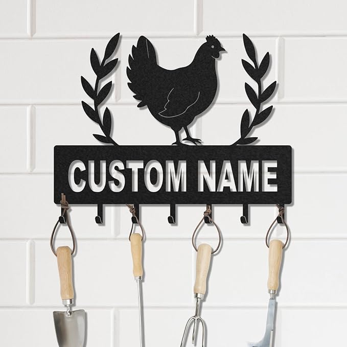 Personalized Key Holder for Wall, Custom Metal Chicken Key Hooks with Name, Meta Jacket Holder Hooks Organizer Rack, Jacket Hanger Decor for Kitchen, Entryway, Hallway, Office, Doorway