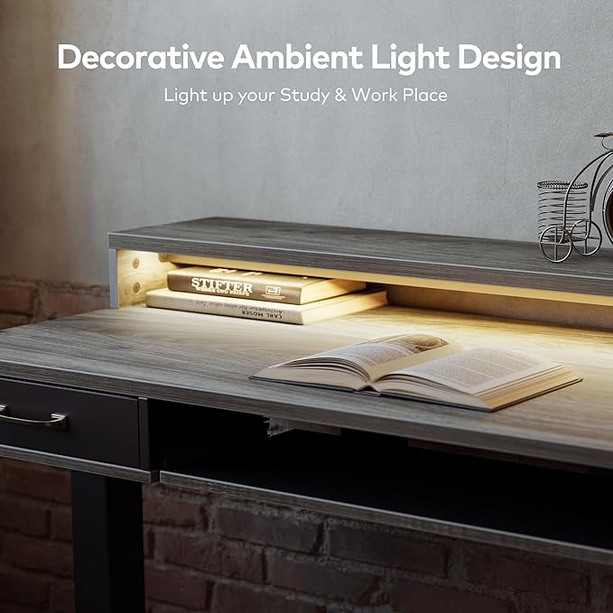 FEZIBO 55 x 24 Inch Height Adjustable Electric Standing Desk with Double Drawers&Keyboard Tray, Stand Up Desk with LED Strips&Monitor Stand,Rustic Grey Top