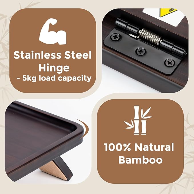 Couch Armrest Table, Foldable Bamboo Sofa Arm Tray for Couch with a Non-Slip Pad, Clip On Couch Arm Table for Remotes/Eatting/Drinks, Fits Sofa Armrest 3.5"-13.5" Brown