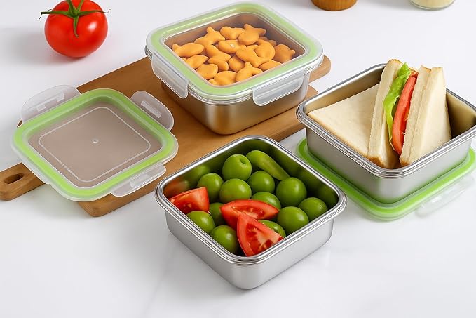 Set of 2 Stainless Steel Sandwich Containers - Food Grade Stainless Steel Metal Base plus a BPA Free, Lock Tight BPA Free Lid with Airtight Silicone Seal. Great for Sandwiches and Snacks