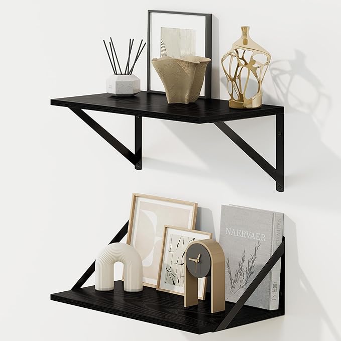 Fun Memories Deep Floating Shelves for Wall, 16W x 8D Wall Mounted Shelves Set of 2, Wide Display Ledge Shelf with Sturdy Metal Brackets for Living Room, Bathroom, Bedroom and Kitchen, Black