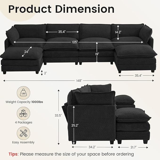 ROWHY Oversized Modular Sectional Couch with 2 Movable Ottoman, 148" Modern Convertible U Shaped Sofa Set, 4 Seat Comfy Cloud Couch with 2 Throw Pillows, for Living Room, Chenille, Black