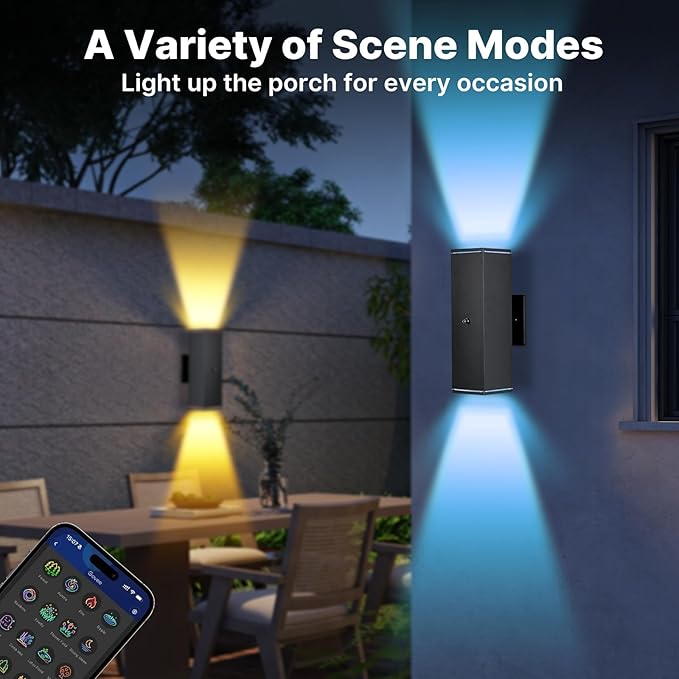 Outdoor Wall Lights 4 Pack, RGBCW Exterior Lighting Sconce,2700K-6500K Dimmable Smart Porch Lights Outdoor for House Patio Garage, Compatible with Alexa/Google Assistant, Bulb Included