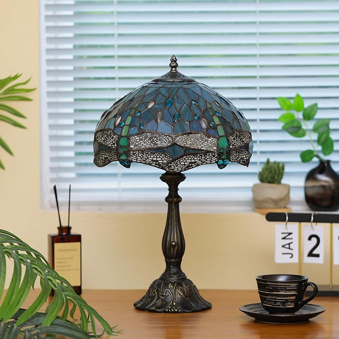 Tiffany Lamps Sea Blue Dragonfly Style Stained Glass Table Lamp Desk Bedside Reading Light 12X12X18.5 Inches with Bronze Resin Base Applicable to Bedroom Living Room Office