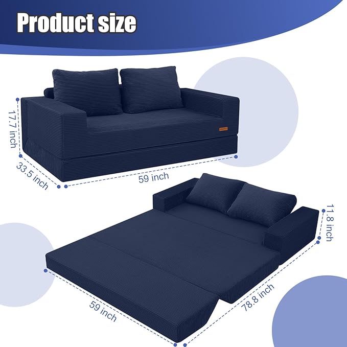 COMAX Convertible Sofa Bed Queen, Corduroy Folding Floor Couch Pull Out Couch Bed Futon Sleeper with Pillows, Fold Out Boneless Sofa Comfy Lounge Mattress Loveseat for Living Room Bedroom, Navy