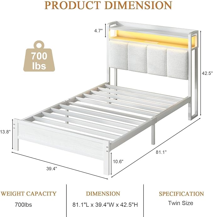 Twin Bed Frames with Charging Station and LED Lights, Metal Platform Bed Frame Twin with Upholstered Storage Headboard, Heavy Duty Metal Slats Support, No Box Spring Needed, Easy Assembly, White