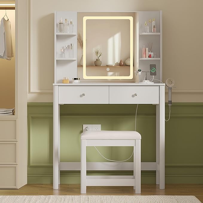 Vanity Desk with Mirror and LED Lights, Small Makeup Vanity Table Set with Drawers and Chair, Dressing Table with Power Outlet for Girls Bedroom, White