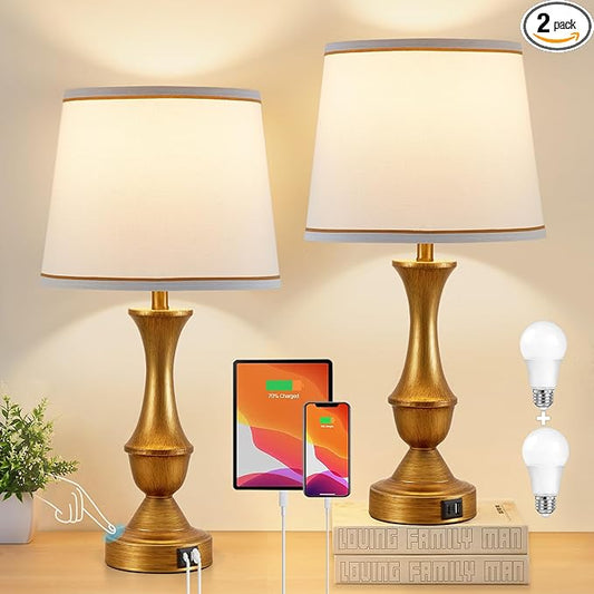 Luvkczc Gold Touch Table Lamps Set of 2, 22" Bedside Lamps with USB C+A Ports,Dimmable Nightstand Lamps with White Lampshade,Table Lamps for Bedroom Living Room Bedroom Office, Bulbs Included
