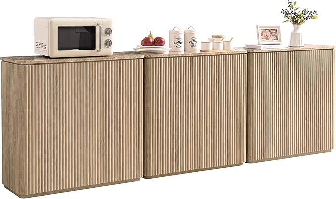 Fluted 2 Doors Sideboard Cabinet with Storage-Wooden Credenza w/Shelves, Faux Marble-Top Coffee Bar Console Table, Modern Buffet Cabinet for Dining, Kitchen, Living Room, Entryway, Natural Oak, 3pcs