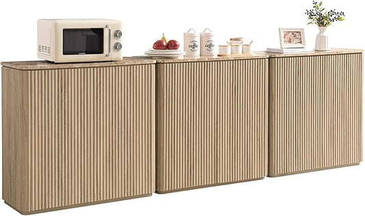 Fluted 2 Doors Sideboard Cabinet with Storage-Wooden Credenza w/Shelves, Faux Marble-Top Coffee Bar Console Table, Modern Buffet Cabinet for Dining, Kitchen, Living Room, Entryway, Natural Oak, 3pcs