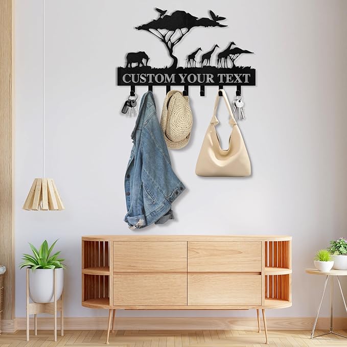Personalized Key Holder for Wall | Custom Name Metal Cabin Key Hooks | Coat Hook Key Rack Wall Mount | Metal Wall Key Holder | Animal Theme African Art Decor for Living Room Hallway Office